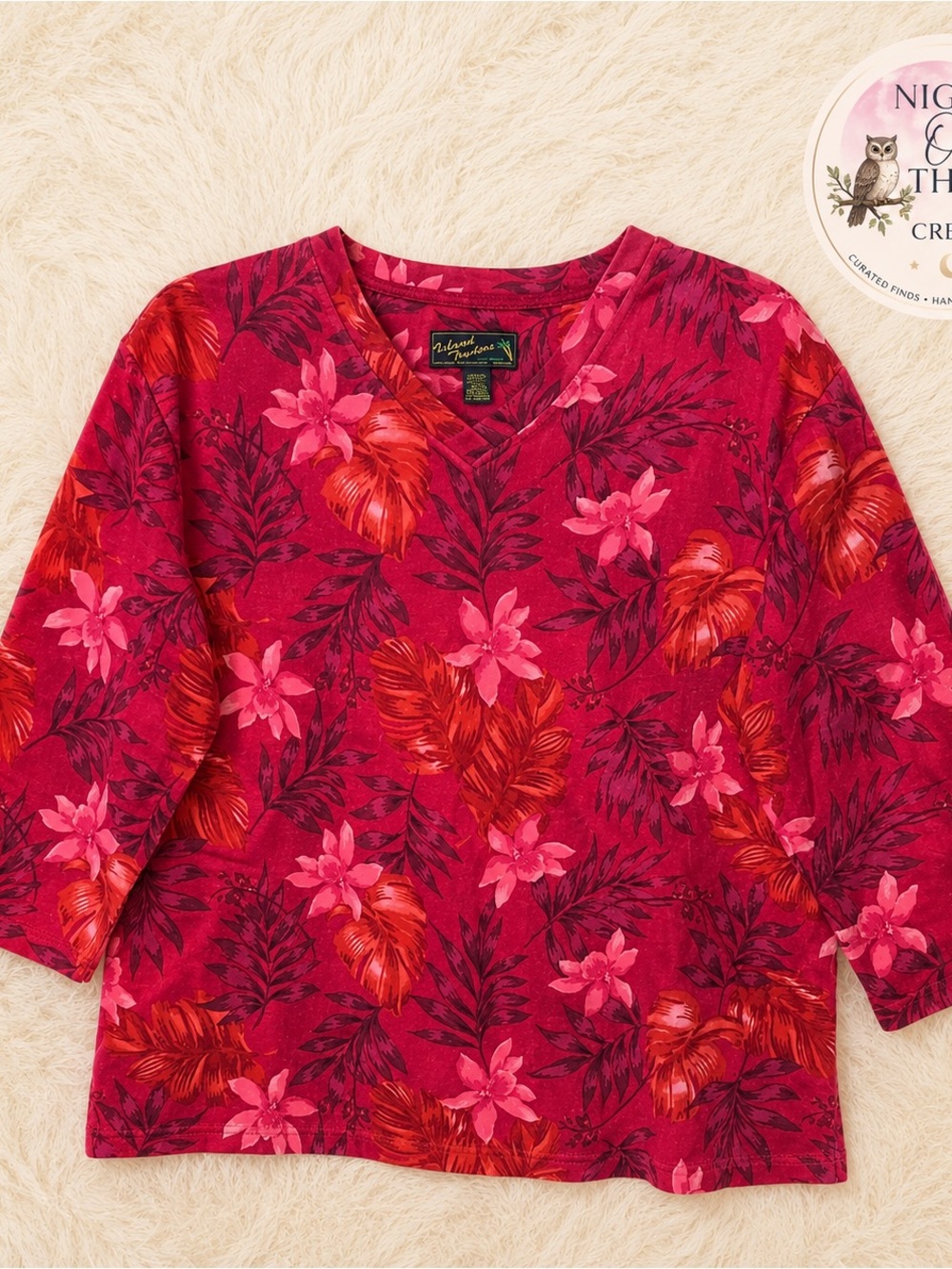 Island Fashions Tropical Floral V-Neck Knit Top Women’s Large 3/4 Sleeve Hawai